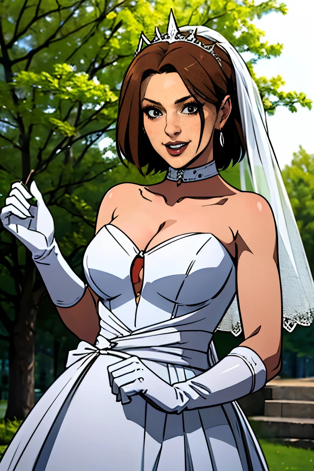 1girl, solo,Sareena MK, crown,earrings ,lipstick, eye shadow, makeup, hair between eyes, ahoge, hair ornament, gloves, poofy dress, cleavage, bare shoulders, collarbone, white oprea gloves, white gloves, white dress, strapless, white choker, tiara, veil, strapless dress, poofy wedding dress, bridal veil, beautiful woman, perfect body, perfect breasts, wearing a wedding dress, ball gown, in the park trees, wedding decorations, looking at the viewer,  smile, realism, masterpiece, textured skin, super detail, high detail, high quality, best quality, 1080p,