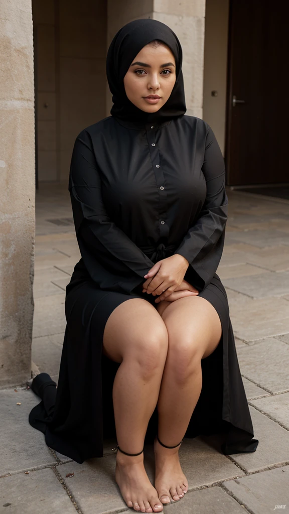 Curvy. sexy. woman. black open abaya, Sit on the ground, Looking at the camera sexy .anklet