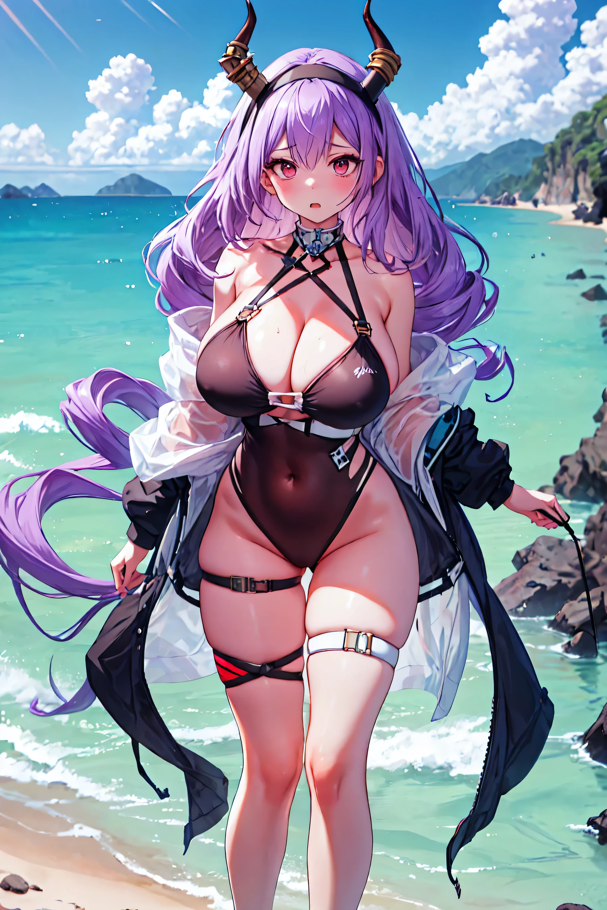 Typhon| Ark Knight, Masterpiece, best quality, 1 woman,25 years old ,micro mini bikini small, micro mini bikini covering only the nipples, gigantic bust, big, Big breasts, Big chest, shrug shoulders, my hair is very long., headband, purple hair, proportion body, proportion, show your , Water set, This micro bikini,micro mini bikini, Lying on the beach with exciting challenges, Not clear. ,only, beautiful sea, The sky is beautiful, Looking at the audience from the front, thigh strap, tilt your head, bored, 10, 10, high resolution, Show off some serious design., Expression of anger, express dissatisfaction , Very angry.. ,