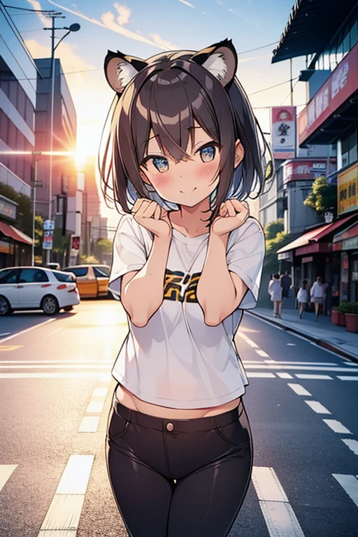 Tiger娘, Tiger, cute, On a street corner in Tokyo, sunset, Sun rays, Magic lighting, Akihabara, cuteショートドレスを着て, Underwear is visible, I can see your pants, smile, Blushing, Jump pose, Bent legs