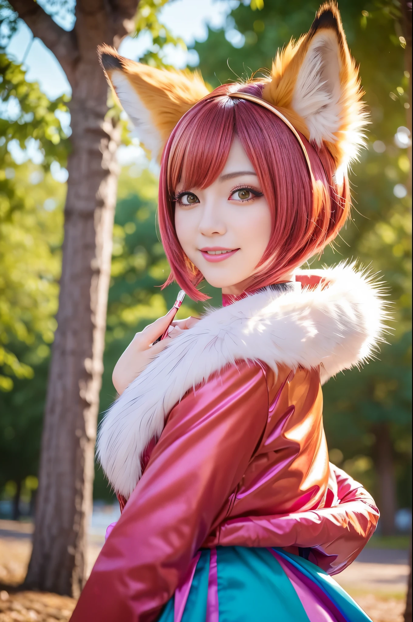 beautiful sexy princess, (-anime), only 1 female, very short hair, beautiful smile, lipgloss, long lashes, defined eyebrows, detailed fox anime cosplay, fox tail, fox choker, fox bracelets, fluffy fur vivid colors fox outfit, fox cosplay accessoires, fox ears, vivid colors, look at the camera, cinematic light, large park background with trees, sweet and sexy pose