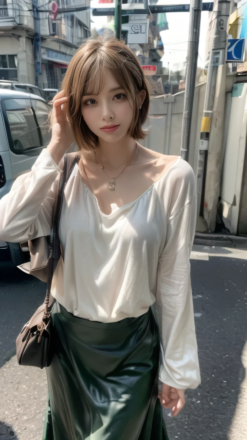 A woman standing on the Yamanote Line:1.3、(Realistic、Like a photograph、Live Action、8k, Photorealistic, RAW Photos, Best image quality: 1.4), Single-lens reflex camera、RAW Photos, highest quality, Realistic, Highly detailed CG Unity 8k wallpaper, Written boundary depth, Cinematic Light, Lens flare, Ray Tracing, Realistic background