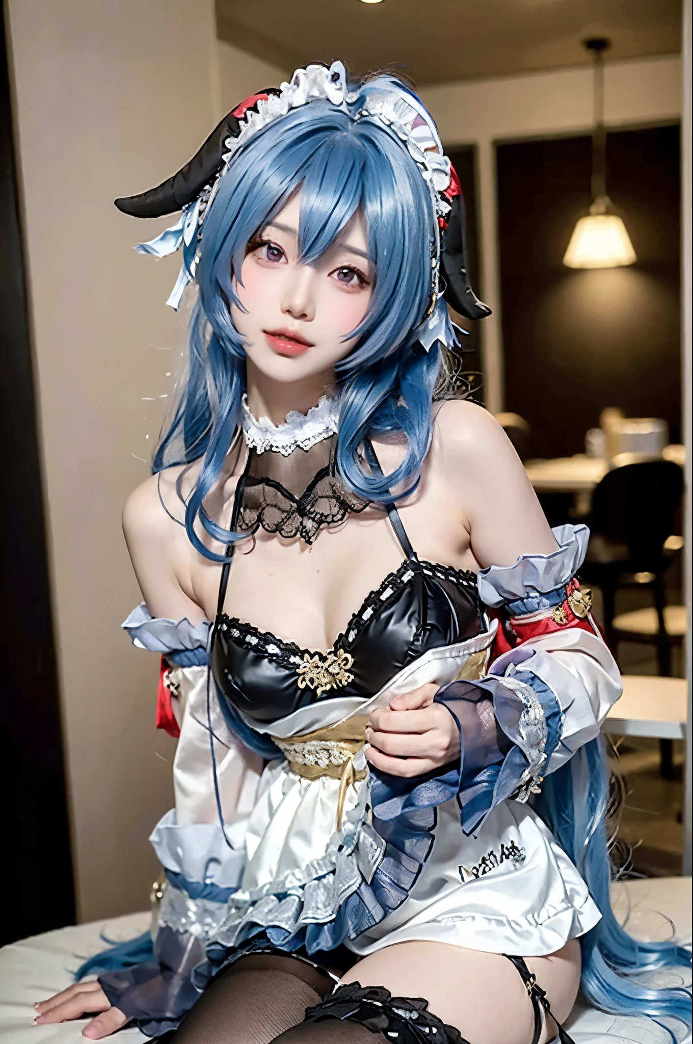 head tilt,FA,(MP-E, macro, 65mm, f/2.8),ultra realistic,32k,RAW photo,(high detailed skin:1.2),8k uhd,high quality,1girl,ganyu \(genshin impact\),solo,blue hair,thighhighs,twin horn,detached sleeves,purple eyes,upper body,long hair,black knee,looking at viewer,bangs,maid headdress,bare shoulder,cafe, naked ass, only sexy black bra, sexy pose, no pants