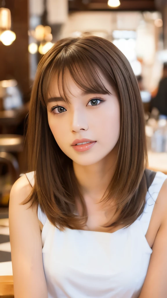 masterpiece, Highest quality, Very detailed, 複雑に詳細なSuper detailed, Realistic, Sharp features, Very detailed, Sharp focus, Realistic, PhotoRealistic:1.3, (20-year-old:1.3), Perfect Face, Perfect symmetrical eyes, Perfect Plump Lips, Super detailed, hyper Realistic, High resolution, Fashion Model, Japanese Idols, Brown Hair,  Beautiful Face, light Brown Hair, Blunt bangs, (Grin), (Gold satin camisole:1.2), (Kneel), bed, (View your viewers), Upper Body, Cinema Lighting, Blurry background in focus,　