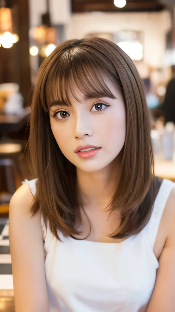 Best quality, 8k,  ,Masterpiece :1.3)), facing viewer,((full body1.2)) ,pretty woman, wide shot ,1girl, ,  café,,  , brown hair  , bangs,ultra-detailed face, highly detailed lips, detailed eyes, double eyelid