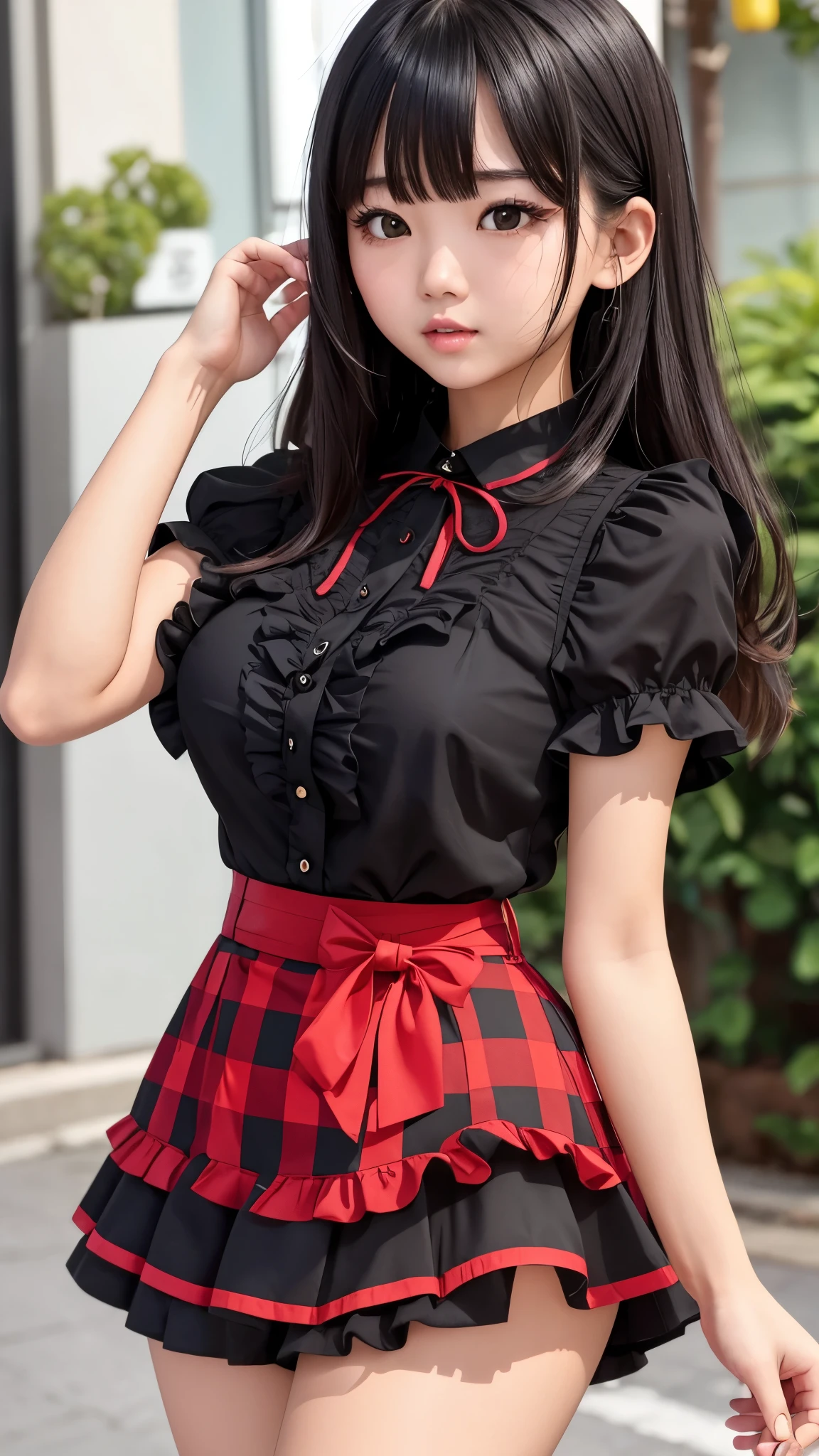 Detailed face、highlight、Asian Girl、thigh、breast enhancement、black髪、Heavy bangs、(Frilled shirt、)(Checked mini skirt、red、black、)