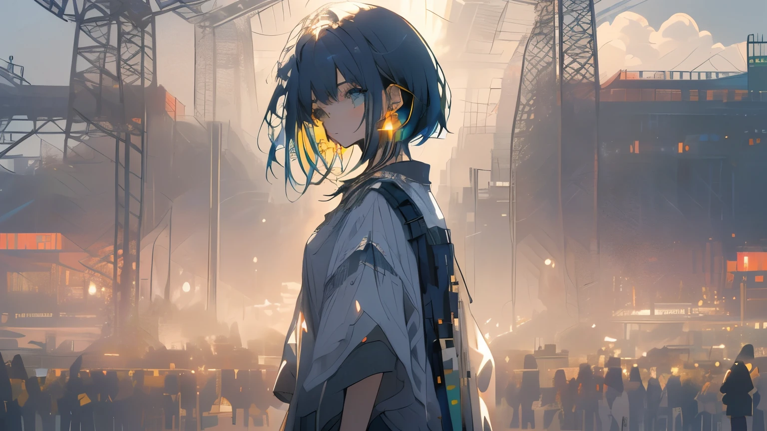 One girl,(masterpiece:1.3), (Absurd:1.1), (highest quality:1.3), (Very detailed:1.3)masterpiece, anime wallpaper 4k,19-year-old woman, short haircut, sad expression with side glance, hands in pockets, worn plain white T-shirt, vintage-style denim shorts, large hoop earrings only, casual white sneakers, medium skin tone, light-colored eyes (e.g., blue, green), casual festival-style outfit, hair slightly tousled by the wind, dusk setting, facing away from the festival stage, background slightly blurred to make the person stand out, blurred background maintains festival atmosphere with faint stage lights visible, color scheme based on the dim light after sunset with a hint of the energetic festival colors