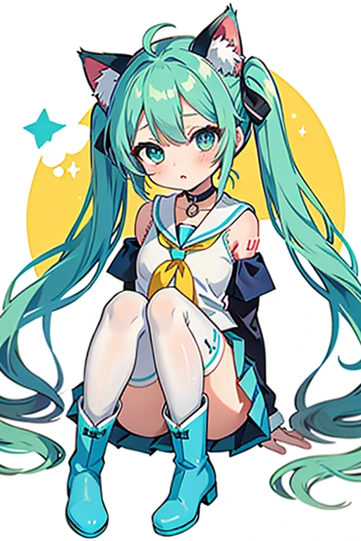 mmasterpiece, highest quality, High resolution, Absurd,
One girl,
6  girl, One girl, (Light_bow, flow), (âœ¨,â¤:1.2), Cat ear, Animal ears, Twin tails, Sleeveless sailor suit, White ruffled skirt, Off the shoulder, (Blue eyes and green eyes:1.4), Knee-high boots ,Blue Ribbon,Cat ear, Animal ears, Hatsune Miku's hairstyle, Sleeveless sailor suit, White ruffled skirt, (ブルー Off the shoulder ジャンパー:1.2), Knee-high boots, Blue Ribbon, cute,cute, Choker with one star keychain,