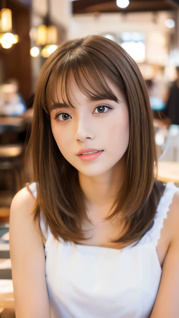 Best quality, 8k,  ,Masterpiece :1.3)), facing viewer,((full body1.2)) ,pretty woman, wide shot ,1girl, ,  café,,  , brown hair  , bangs,ultra-detailed face, highly detailed lips, detailed eyes, double eyelid