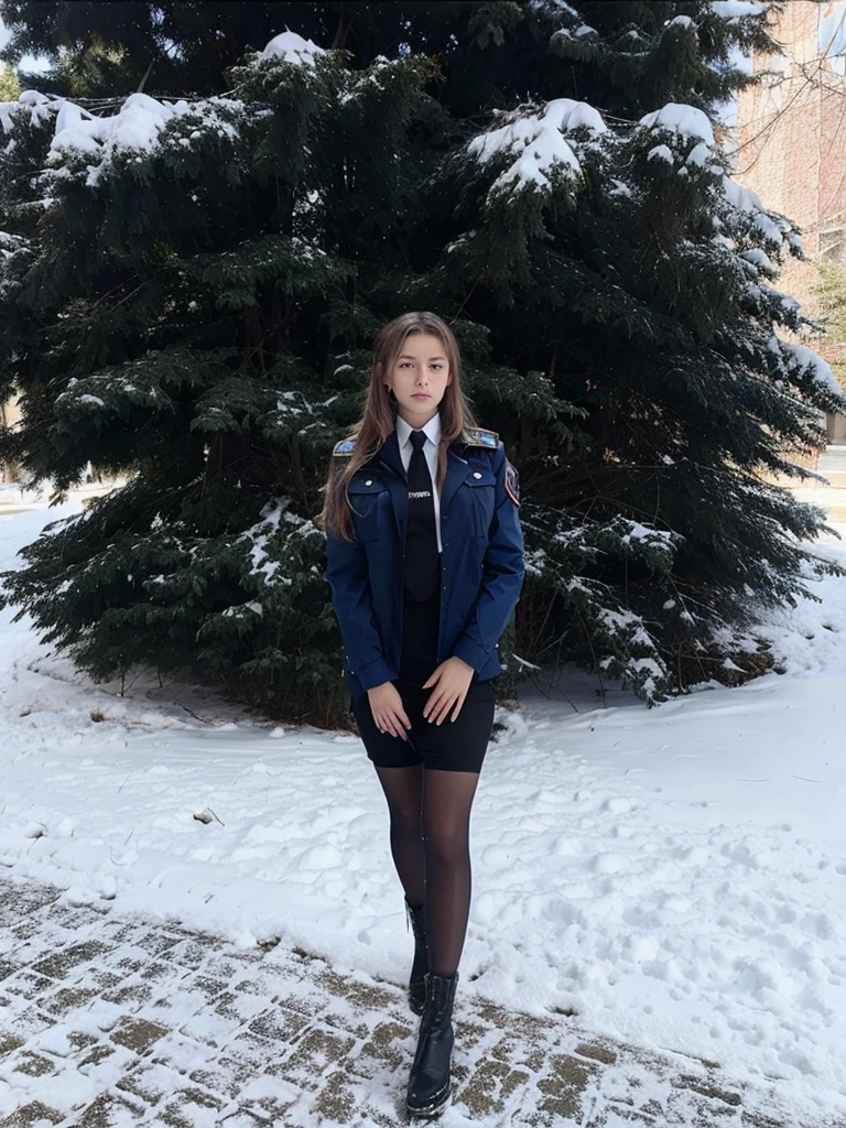 Young Russian police girl in white shirt, corbata, campera azul, falda azul, pantymedias y botas