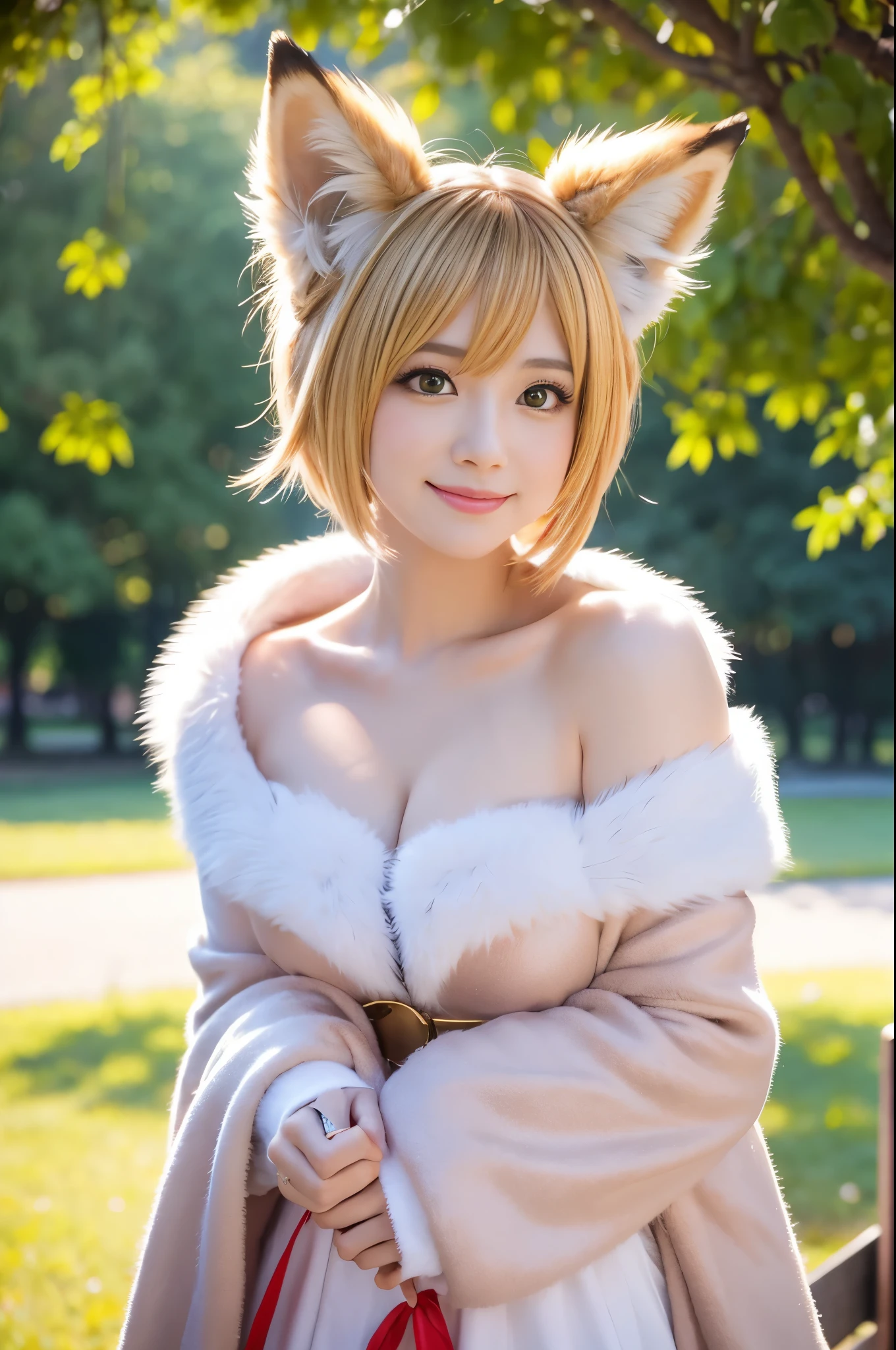 sexy golden princess, (-anime), only 1 female, very short hair, beautiful smile, lipgloss, long lashes, defined eyebrows, detailed fox anime cosplay, fluffy fur vivid colors fox outfit, fox cosplay accessoires, fox ears, vivid colors, look at the camera, cinematic light, large park background with trees, sweet and sexy pose