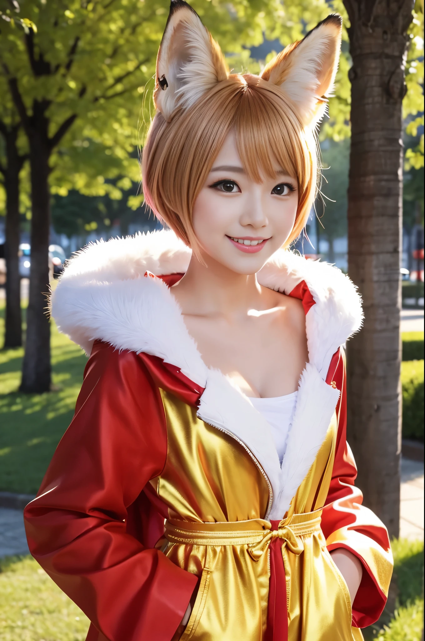 sexy golden princess, (-anime), only 1 female, very short hair, beautiful smile, lipgloss, long lashes, defined eyebrows, detailed fox anime cosplay, fluffy fur vivid colors fox outfit, fox cosplay accessoires, fox ears, vivid colors, look at the camera, cinematic light, large park background with trees, sweet and sexy pose