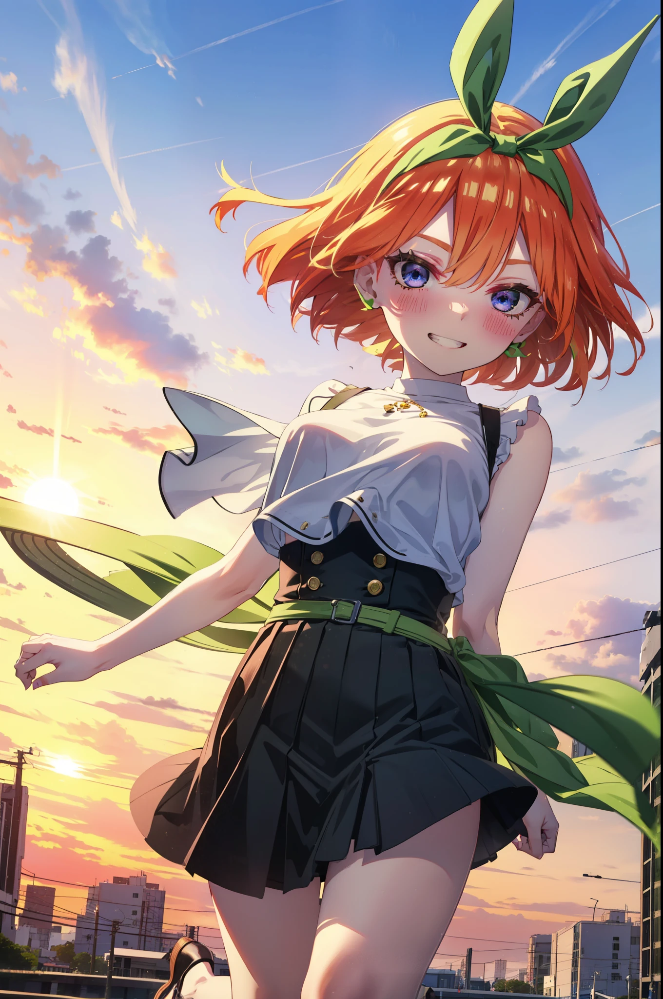 yotsubanakano, yotsuba nakano, bangs, short hair, blue eyes, Hair between the eyes, hair ribbon, hair band, Orange Hair, (Green ribbon:1.5), smile, Grin,smile,sleeveless black dress,Bare arms,Black long skirt,Cute heeled sandals,sunset,evening,The sun goes down,My hair is blowing in the wind,whole bodyがイラストに入るように,Looking down from above,
break outdoors, city,海岸通り
break looking at viewer, whole body,
break (masterpiece:1.2), highest quality, High resolution, unity 8k wallpaper, (shape:0.8), (Beautiful details:1.6), Highly detailed face, Perfect lighting, Highly detailed CG, (Perfect hands, Perfect Anatomy),