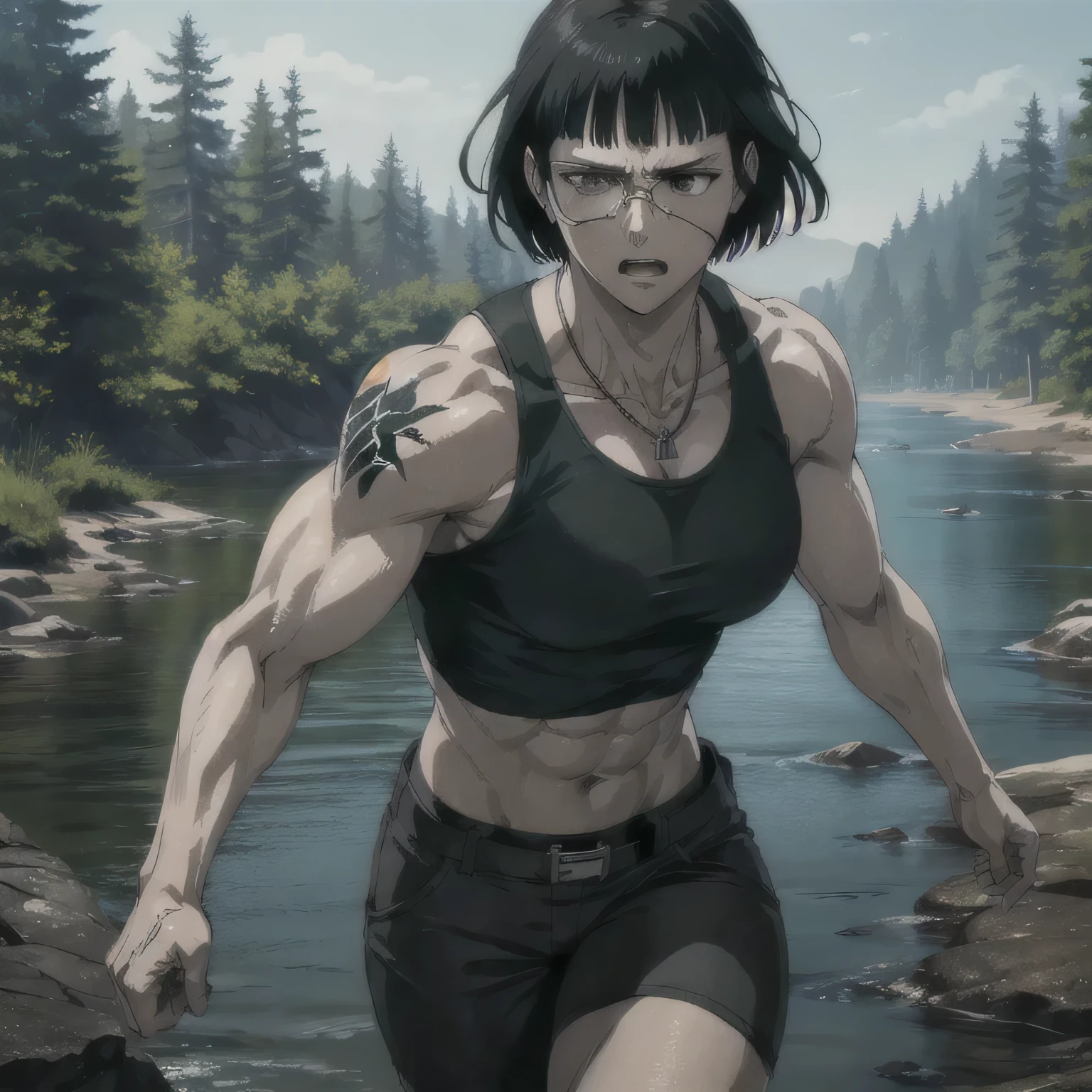 (best quality,ultra-detailed,realistic:1.37),musclaur badass girl with sculpted body with preview her musclaur body and six-pack, full review of the female character's face and body, intense expression, strong and confident posture, studio lighting, vivid colors, physiologically-based rendering, grungy texture, rugged background, dust particles in the air, commanding presence, professional, powerful, gritty aesthetics,,Valmet،short hair,necklace,clean muscles،wearing military gym pants with belt and sport midriff tank top, tattoos on shoulders,Shining muscles, muscle protrusion,training in woods,woods,Swimming on a river