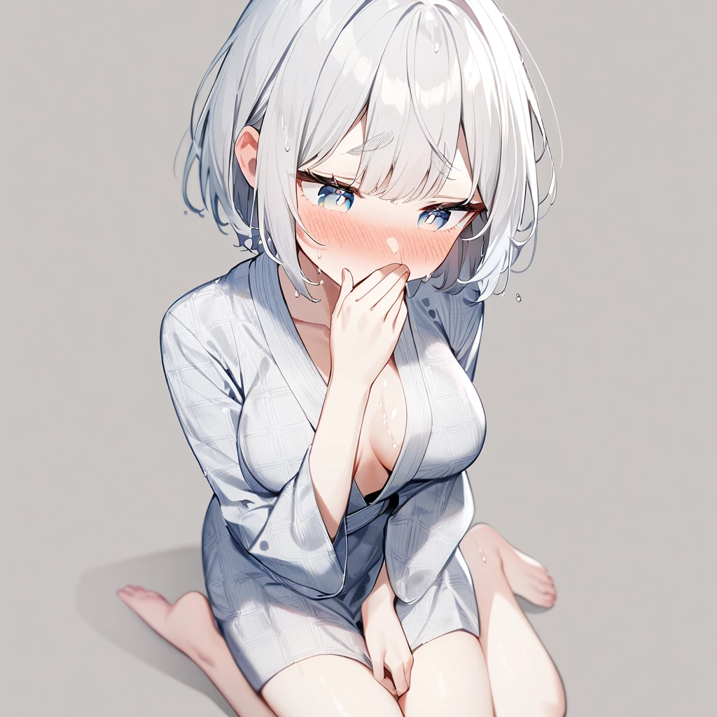 1girl,covering mouth,White hair,silver hair, short hair,best quality,very aesthetic,shy,character image,silvery white,pale color, unmoving pattern,nose blush,troubled eyebrows,highres,pupils, yukata,wet hair,shiny,breasts apart,large breasts,one shoulde rout,barefoot,legs