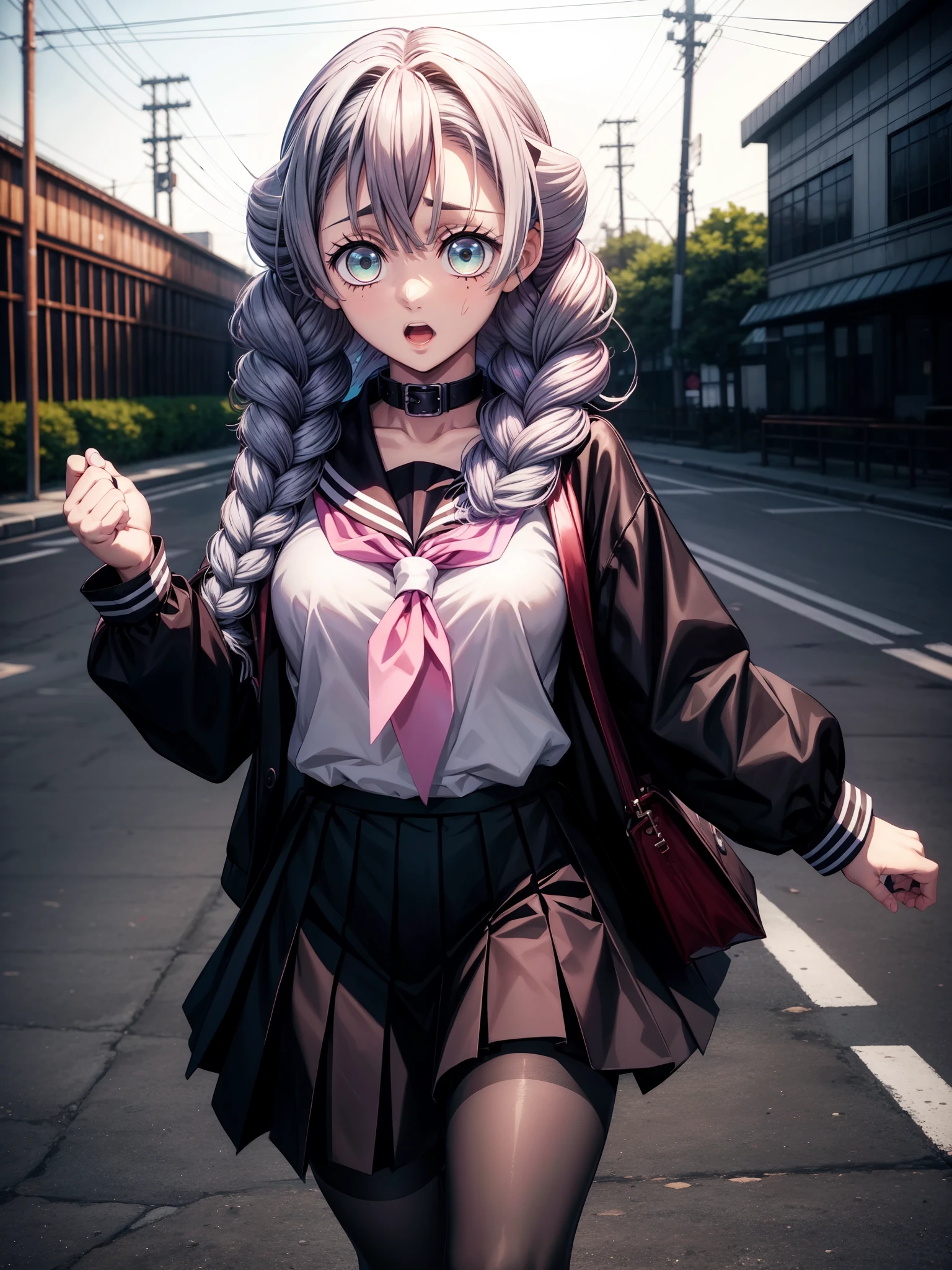 masterpiece、Best Quality、 1 Girl、 solo, cyber punk, 白pantyhose, Sister, Multicolored Hair, Outdoor, null, , wood, blue eyes, Gray Hair, Sailor collar, neckerchief, Unite, Striped Hair, skirt, eyebrows hidden by hair, nightnull, Look at the side, scar, 黒Sailor collar, Medium Hair, 黒skirt, pantyhose, 黒Serafuku, Hair between the eyes, Long Bangs, プリーツskirt, White of the eyes, Open your mouth, Serafuku, Black Hair, night, 顔のscar, pedestrian crossing