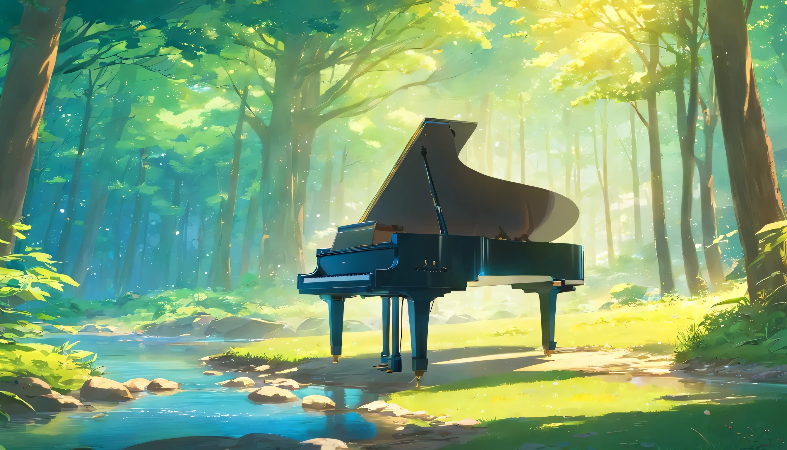 A piano in the middle of the woods near a river,A tree that has turned from fresh green to blue々A grand piano surrounded by、The sun glitters through the trees、A small stream flows