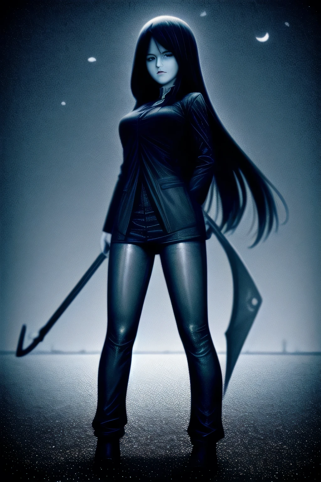 (monochrome, grayscale:1.2) ,Black Grim Reaper, Late Night Battlefield, Huge grass cutting scythe, (Crescent Moon:1.2), Pale face, fully clothed, giga_busty, standing, full body shot, front view from below, dark cinematic lighting,