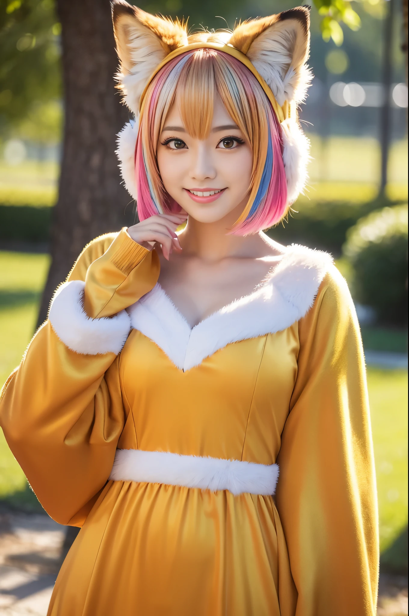sexy golden princess, (-anime), only 1 female, very short hair, beautiful smile, lipgloss, long lashes, defined eyebrows, detailed fox anime cosplay, fluffy fur vivid colors fox outfit, fox cosplay accessoires, fox ears, vivid colors, look at the camera, cinematic light, large park background with trees, sweet and sexy pose