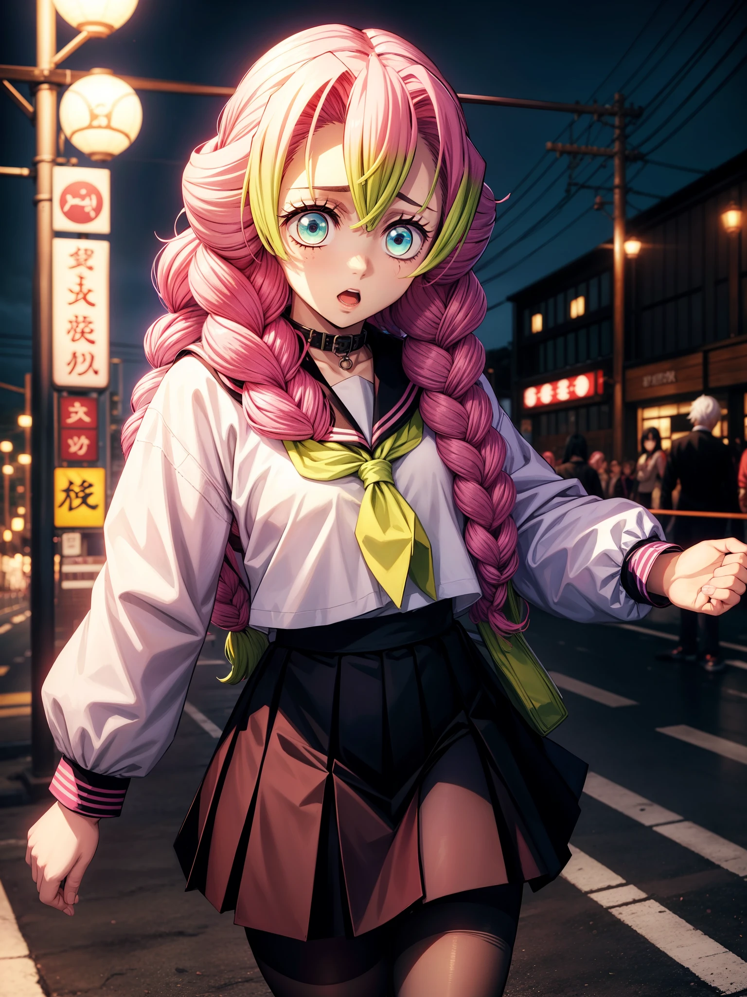 masterpiece、Best Quality、 1 Girl、 solo, cyber punk, 白pantyhose, Sister, Multicolored Hair, Outdoor, null, , wood, blue eyes, Pink hair, Sailor collar, neckerchief, Unite, Striped Hair, skirt, eyebrows hidden by hair, nightnull, Look at the side, scar, 黒Sailor collar, Medium Hair, 黒skirt, pantyhose, 黒Serafuku, Hair between the eyes, Long Bangs, プリーツskirt, White of the eyes, Open your mouth, Serafuku, Black Hair, night, 顔のscar, pedestrian crossing
