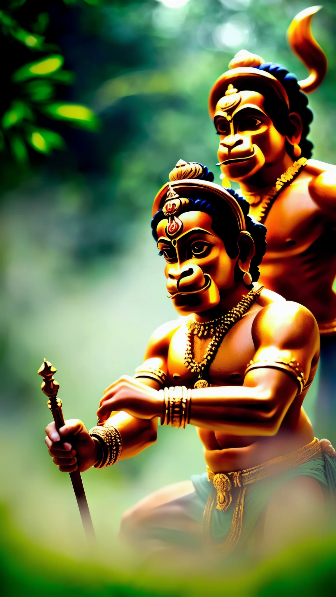 (Lord Ram and Lord Hanuman:1.3), Duo, (((Very detailed faces)))), ((Very detailed eyes and faces)))), Beautiful detailed eyes, Body parts__, Official art, Unified 8k wallpaper, Super detailed, beautiful and beautiful, beautiful, masterpiece, best quality, original, masterpiece, super fine photo, best quality, super high resolution, realistic realism, sunlight, full body portrait, divine beauty, dynamic poses, delicate faces, vibrant eyes, (from the front), They wear traditional attire, ornate and golden color scheme, detailed weapons (bow for Ram, mace for Hanuman), very detailed forest background, forest, ancient trees, detailed faces, detailed complex busy background, serene, sacred, milky white, highly detailed skin, realistic skin details, visible pores, clear focus, volumetric fog, 8k uhd, DSLR, high quality, film grain, glowing aura, photo realism, epic and mythical atmosphere, translucent