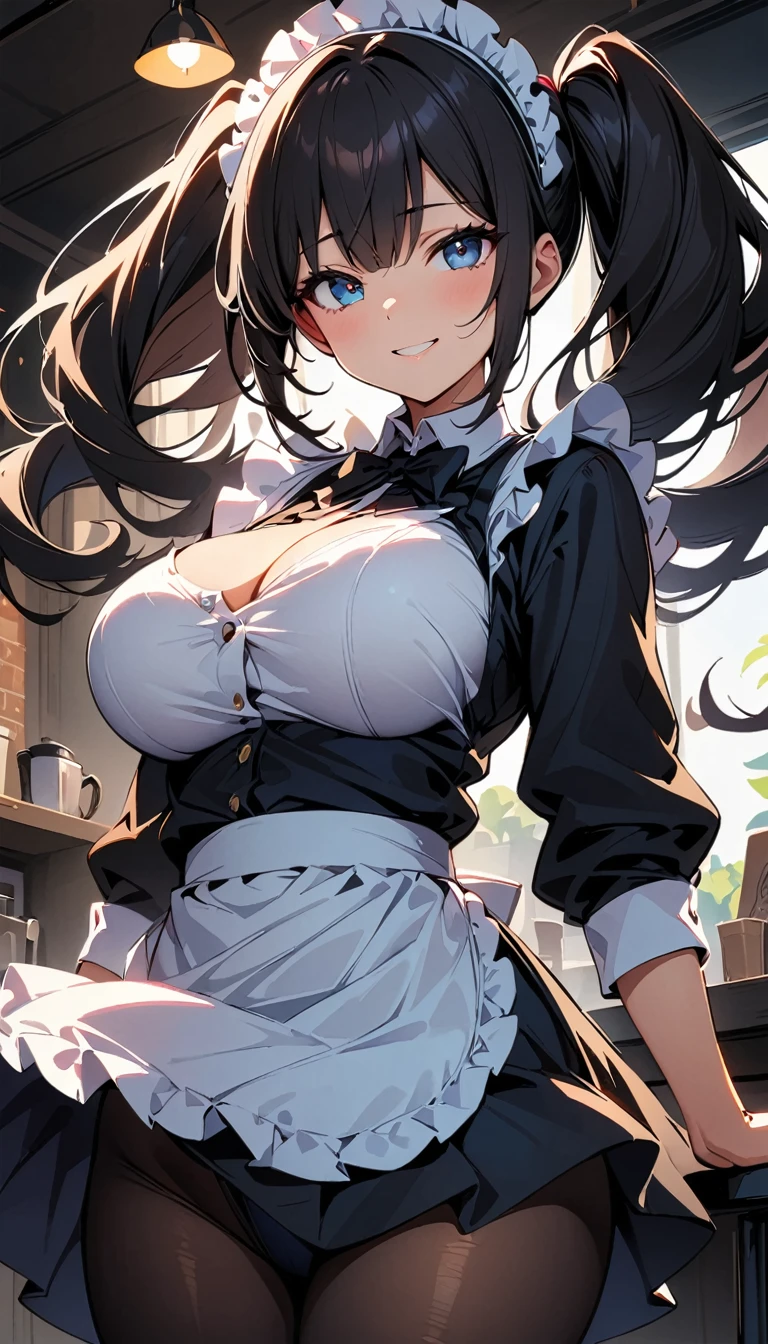 (high quality, 8k, 4K, High Contrast, masterpiece:1.2, 最high quality, Best aesthetics), Beauty, Maid, Very detailed, Seductive and erotic girl with lace headdress, smile, (Big Breasts, Black Hair, Twin tails), Focus on the face, Focus on the face, Complex eyes, tights, 40 denier black tights, coffee shop, Low angle shot, Viewer looking up,