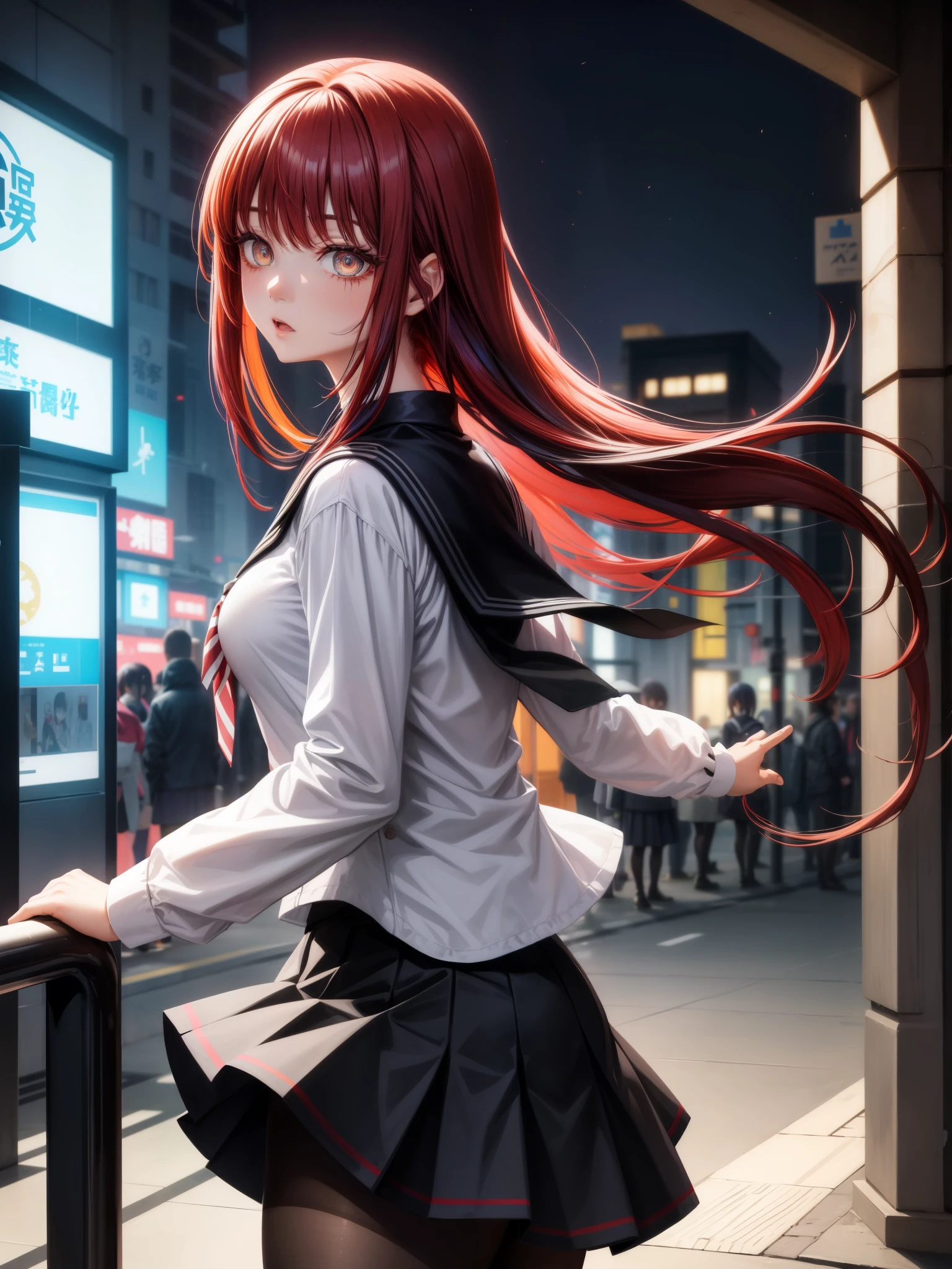 masterpiece、Best Quality、 1 Girl、 solo, cyber punk, 白pantyhose, Sister, Multicolored Hair, Outdoor, null, , wood, blue eyes, Red hair, Sailor collar, neckerchief, Unite, Striped Hair, skirt, eyebrows hidden by hair, nightnull, Look at the side, scar, 黒Sailor collar, Medium Hair, 黒skirt, pantyhose, 黒Serafuku, Hair between the eyes, Long Bangs, プリーツskirt, White of the eyes, Open your mouth, Serafuku, Black Hair, night, 顔のscar, pedestrian crossing