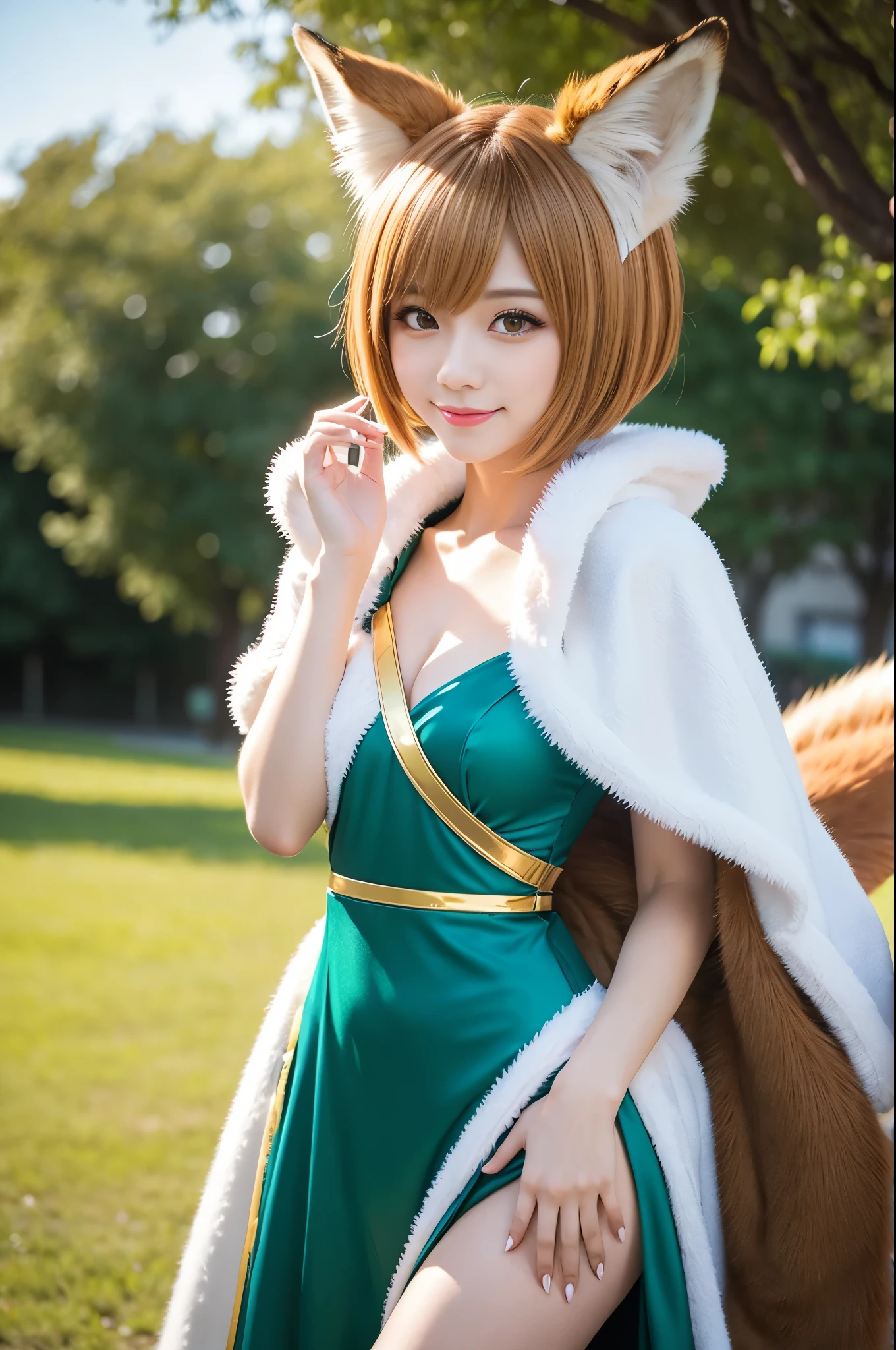 sexy golden princess, (-anime), only 1 female, very short hair, beautiful smile, lipgloss, long lashes, defined eyebrows, detailed fox anime cosplay, fluffy fur vivid colors fox outfit, fox cosplay accessoires, fox ears, vivid colors, look at the camera, cinematic light, large park background with trees, sweet and sexy pose