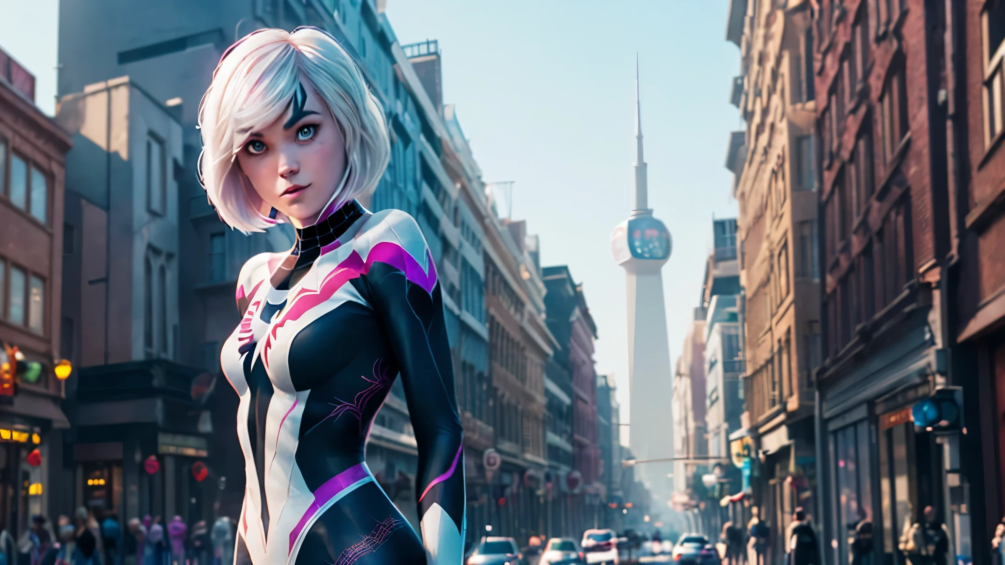 (((1 girl))), ((Spider-Gwen)), ((Spider-Gwen Outfit)), ((Spider-Gwen Haircut)), Textur, filmgrain, Hautporen, dusty atmospheric haze, Vignettierung, Falten, komplizierte Details:0.2 Intricate dramatic cinematic movie stills of a beautiful, elegant, Augenkontakt, (herablassendes, wirkliches Leben, HDR (Hoher dynamischer Bereich), Raytracing, NVIDIA RTX, super resolution, Unreal 5, selbstbewusstes Grinsen)1.2, (niedriger Winkel)1.2, Bokeh im Vordergrund, hasselblad RAW dramatisches Foto, (blue eyes), (city in Background)