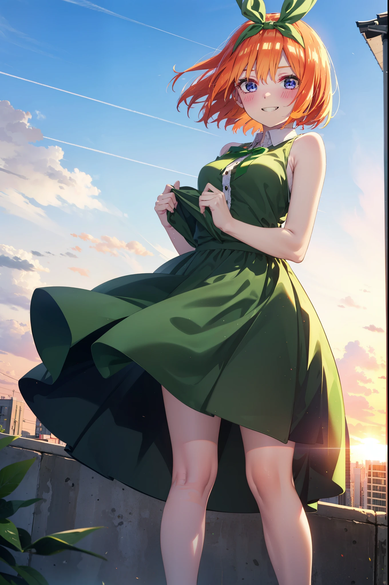 yotsubanakano, yotsuba nakano, bangs, short hair, blue eyes, Hair between the eyes, hair ribbon, hair band, Orange Hair, (Green ribbon:1.5), smile, Grin,smile,sleeveless black dress,Bare arms,Black long skirt,Cute heeled sandals,sunset,evening,The sun goes down,My hair is blowing in the wind,whole bodyがイラストに入るように,Looking down from below,
break outdoors, city,海岸通り
break looking at viewer, whole body,
break (masterpiece:1.2), highest quality, High resolution, unity 8k wallpaper, (shape:0.8), (Beautiful details:1.6), Highly detailed face, Perfect lighting, Highly detailed CG, (Perfect hands, Perfect Anatomy),