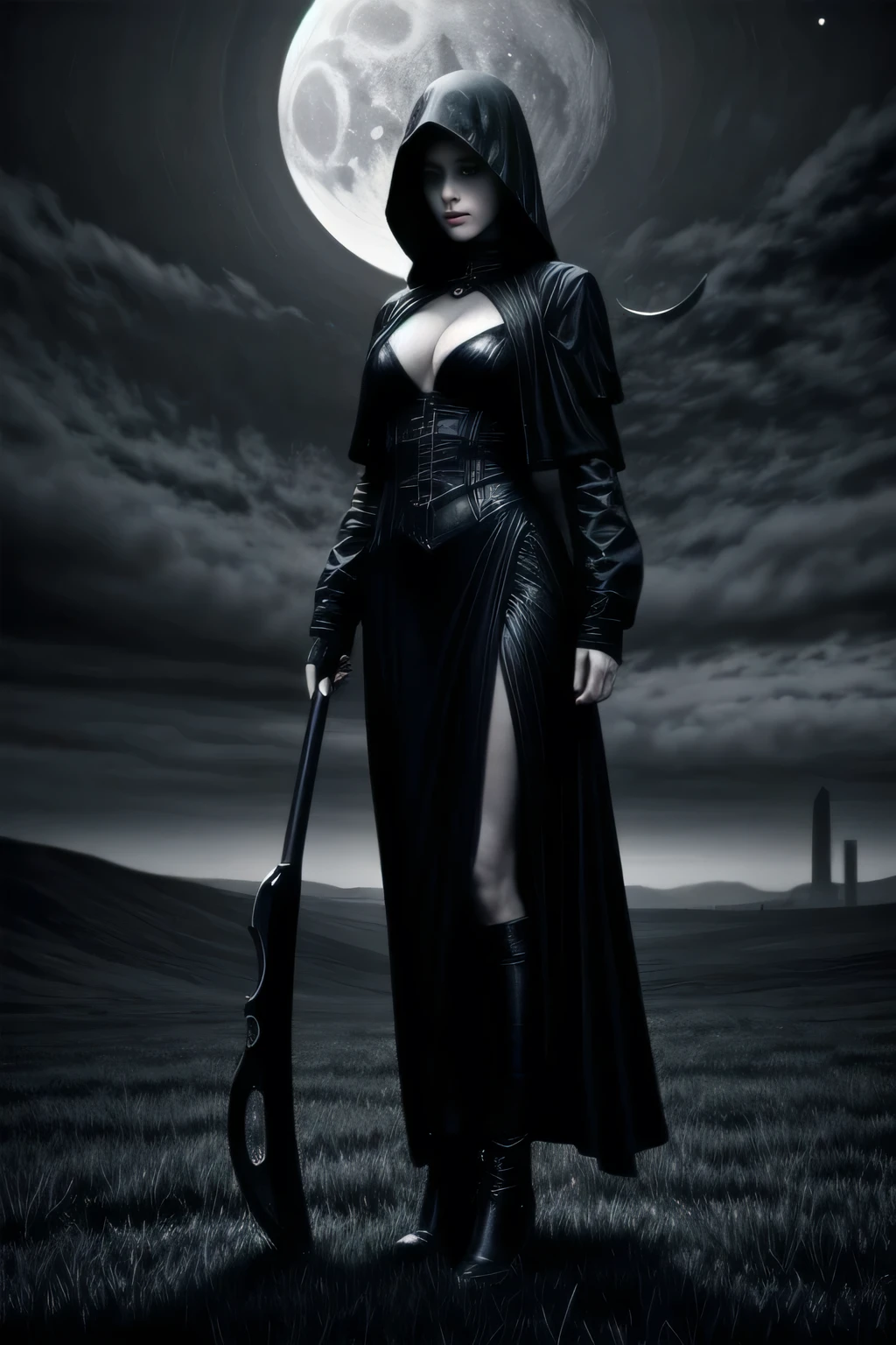 (monochrome, grayscale:1.2) ,Black Grim Reaper, Late Night Battlefield, Huge grass cutting scythe, (Crescent Moon:1.2), Pale face, fully clothed, giga_busty, standing, full body shot, front view from below, dark cinematic lighting,
