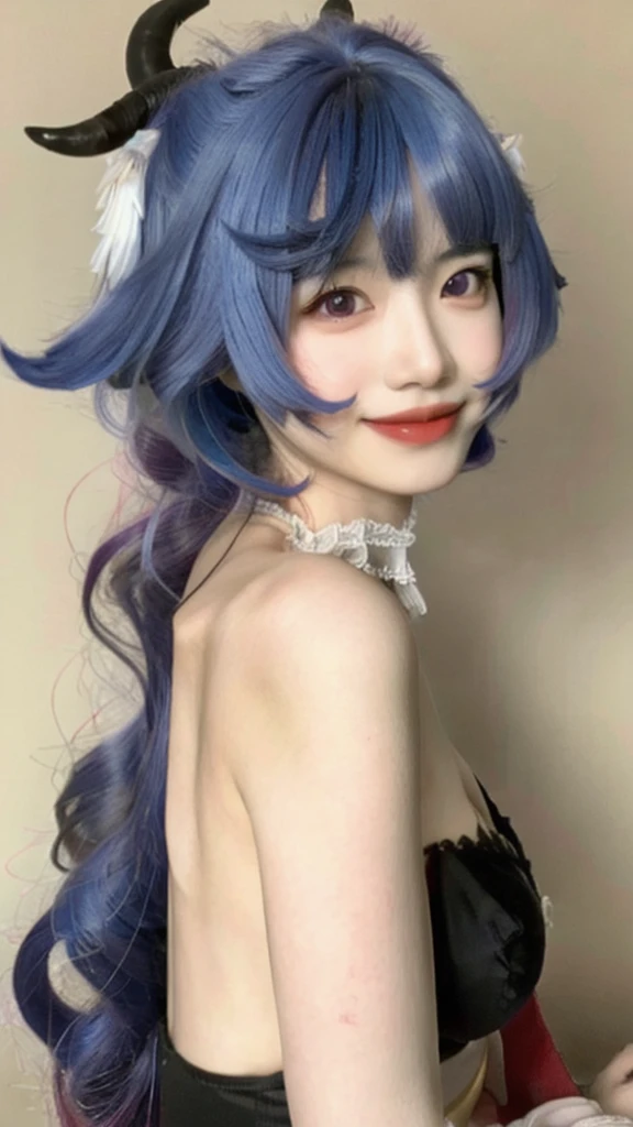 nsfw:2, head tilt,FA,(MP-E, macro, 65mm, f/2.8),ultra realistic,32k,RAW photo,(high detailed skin:1.2),8k uhd,high quality,1girl,ganyu \(genshin impact\),solo,blue hair,thighhighs,twin horn,detached sleeves,purple eyes,upper body,long hair,black knee,looking at viewer,bangs,bare shoulder,cafe, naked ass, only sexy black bra, sexy pose, no pants, sexy eyes, sexy smile, provocative