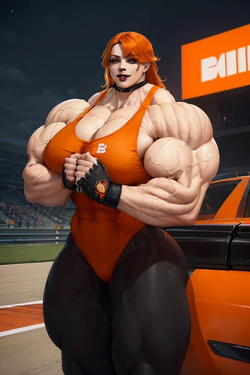 (((((Massive, tall, beautiful, pale white skinned, buff, muscular woman with orange hair, black lipstick, ginormous bulky muscles and wearing a orange racer suit with pants))))), (close view), (massive muscles), massive biceps, hyper muscle shoulders, vascular shoulders, hyper muscle triceps, (long shaggy hair), green eyes, (racing gloves), choker, sneakers, (next to a race car in a racetrack), confident smile, night, hyper vascular arm, hyper muscles arms, hyper muscle legs, massive arms.