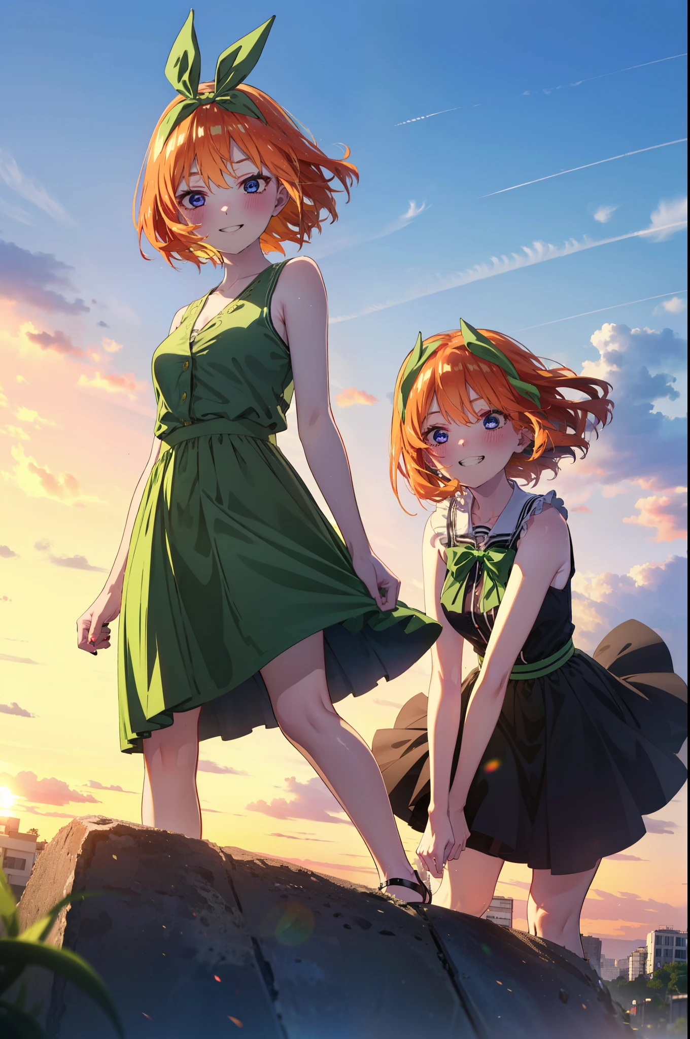 yotsubanakano, yotsuba nakano, bangs, short hair, blue eyes, Hair between the eyes, hair ribbon, hair band, Orange Hair, (Green ribbon:1.5), smile, Grin,smile,sleeveless black dress,Bare arms,Black long skirt,Cute heeled sandals,sunset,evening,The sun goes down,My hair is blowing in the wind,whole bodyがイラストに入るように,Looking down from above,
break outdoors, city,海岸通り
break looking at viewer, whole body,
break (masterpiece:1.2), highest quality, High resolution, unity 8k wallpaper, (shape:0.8), (Beautiful details:1.6), Highly detailed face, Perfect lighting, Highly detailed CG, (Perfect hands, Perfect Anatomy),