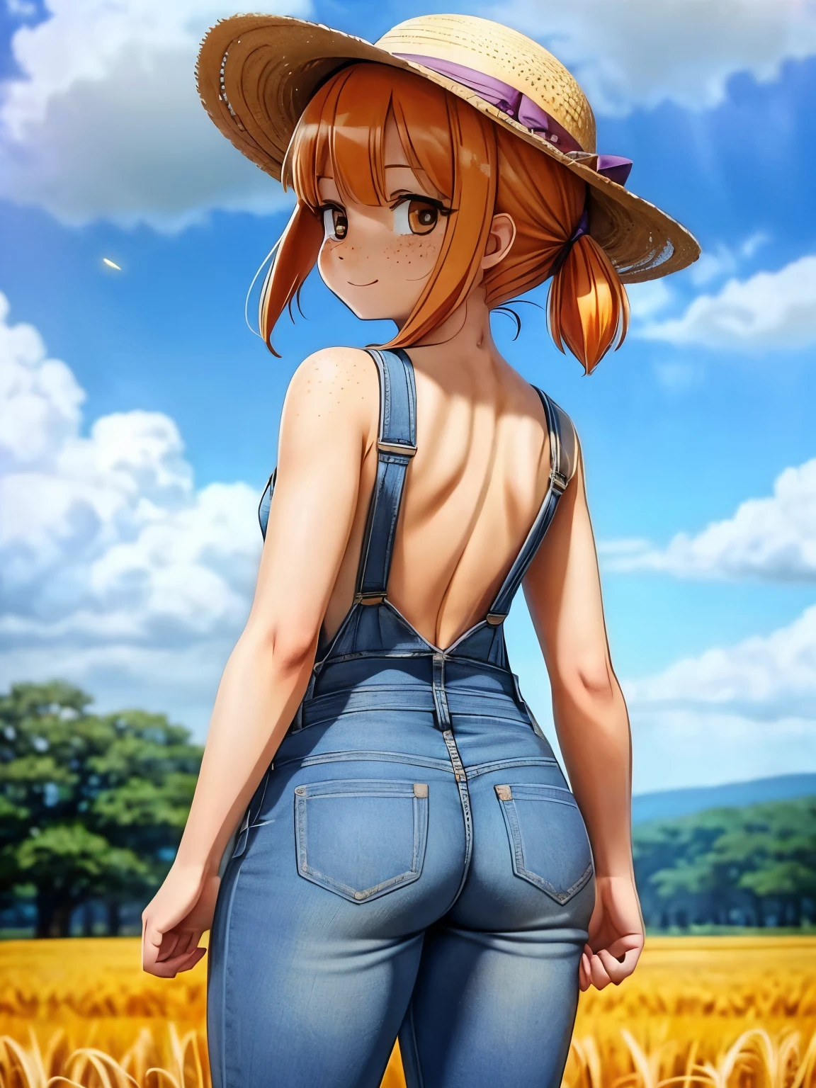 Wheat field,girl１people,Short ponytail,Even bangs、Orange Hair Color, drooping eyes,Orange Eyes、freckles、Sunburned skin、Pointy Chest、Huge Ass、Saggy butt、************,Light smile、Wearing a straw hat、Naked with blue denim overalls、clavicle、I have a hoe、