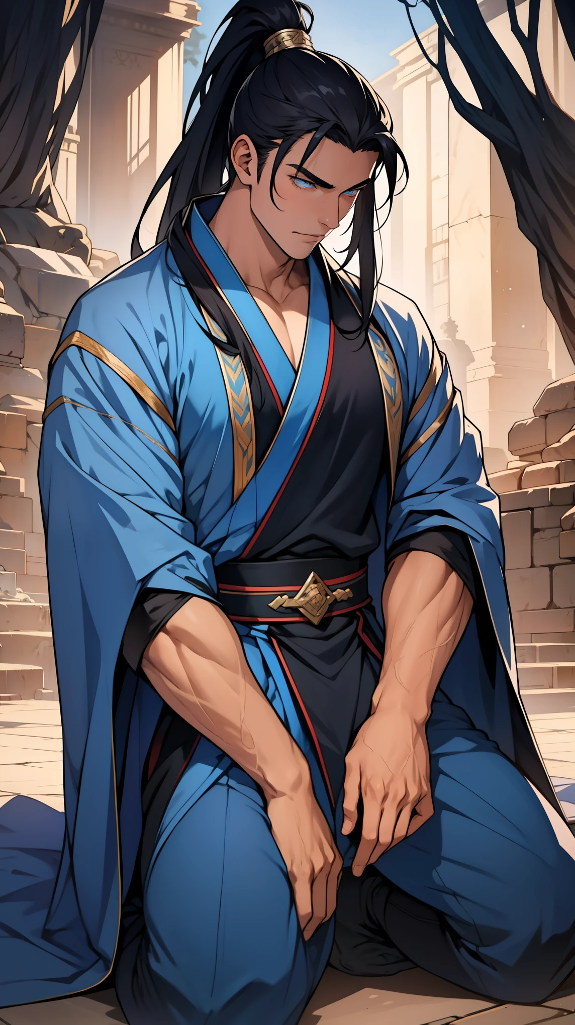 individual(Young men),Handsome,(Youthful feeling),high quality,Black long hair,High Ponytail Hairstyle,blue eyes,Perfect male body,Wearing a blue ancient robe,kneel,Crotch view