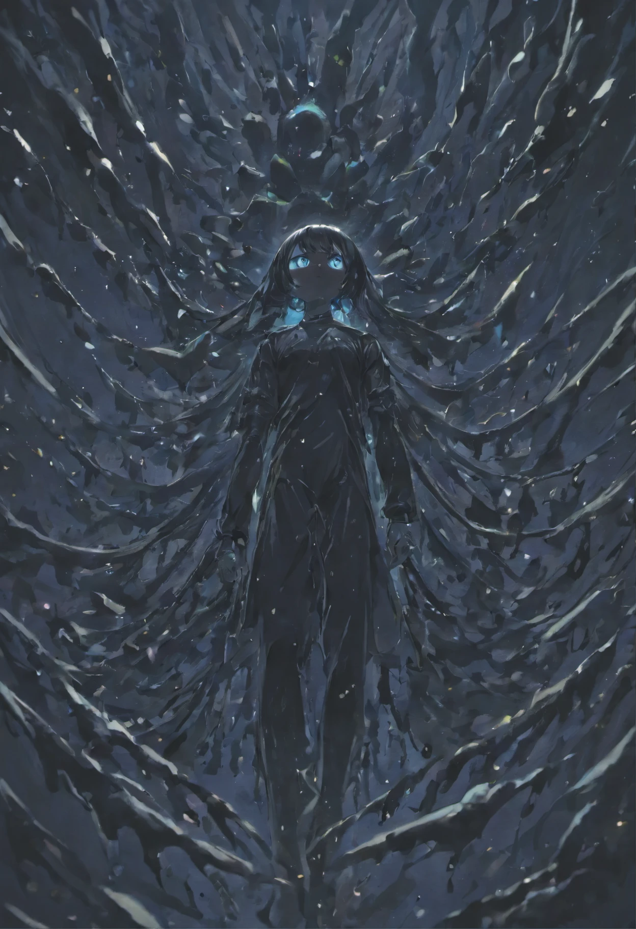 Black slime gathers into clumps,A thick black liquid drips from its giant eyes.,There is a black slime human on top of the black slime
