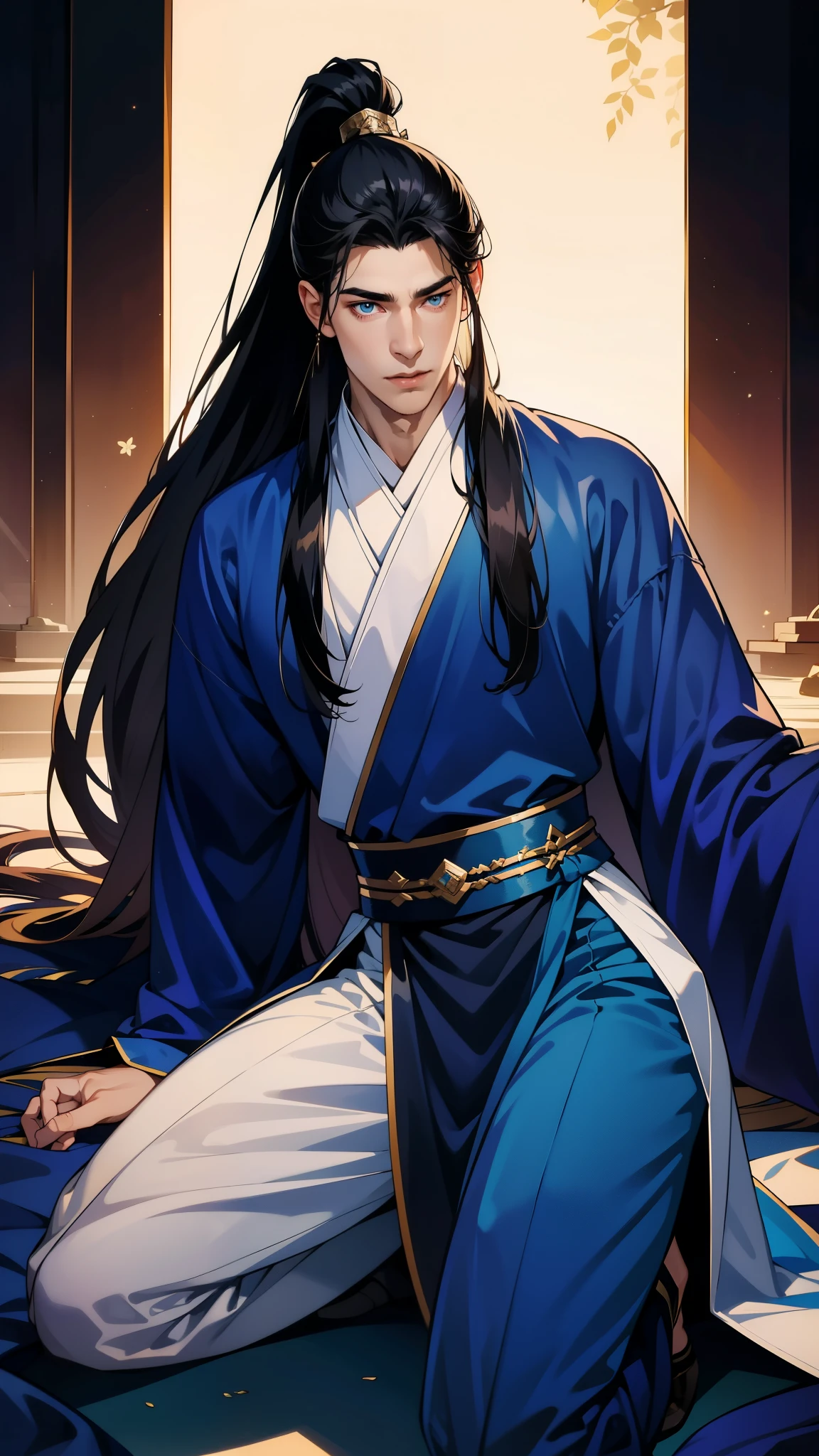 individual(Young men),Handsome,(Youthful feeling),high quality,Black long hair,High Ponytail Hairstyle,blue eyes,Perfect male body,Wearing a blue ancient robe,kneel,Crotch view