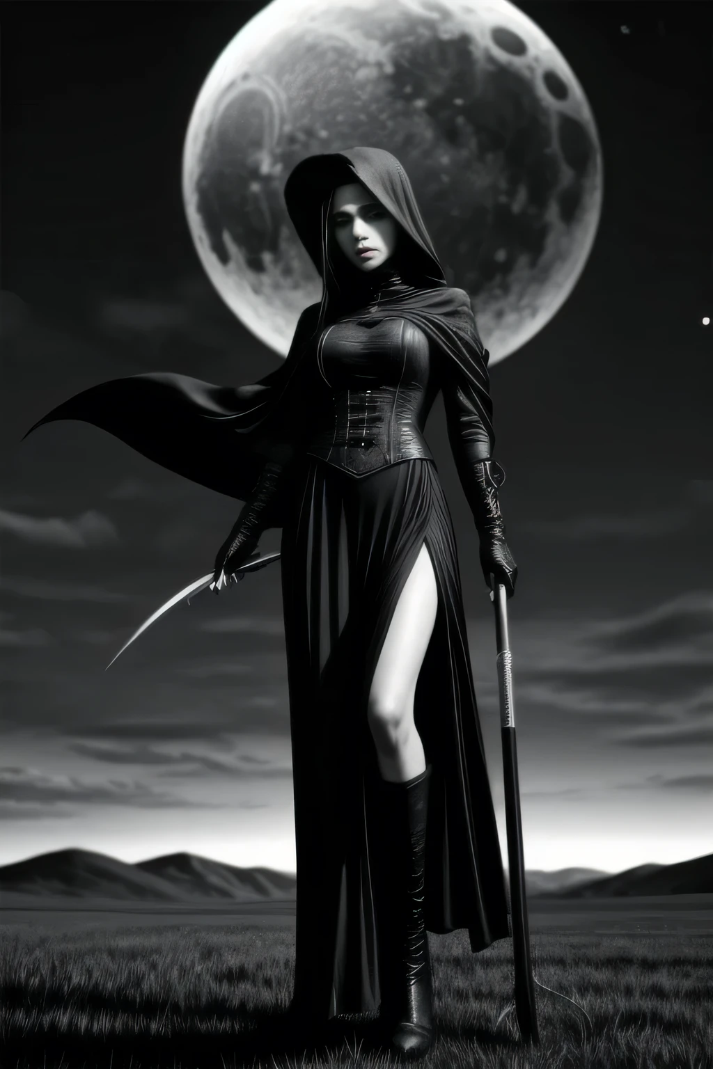(monochrome, grayscale:1.2) ,Black Grim Reaper, Late Night Battlefield, Huge grass cutting scythe, (Crescent Moon:1.2), Pale face, fully clothed, giga_busty, standing, full body shot, front view from below, dark cinematic lighting,