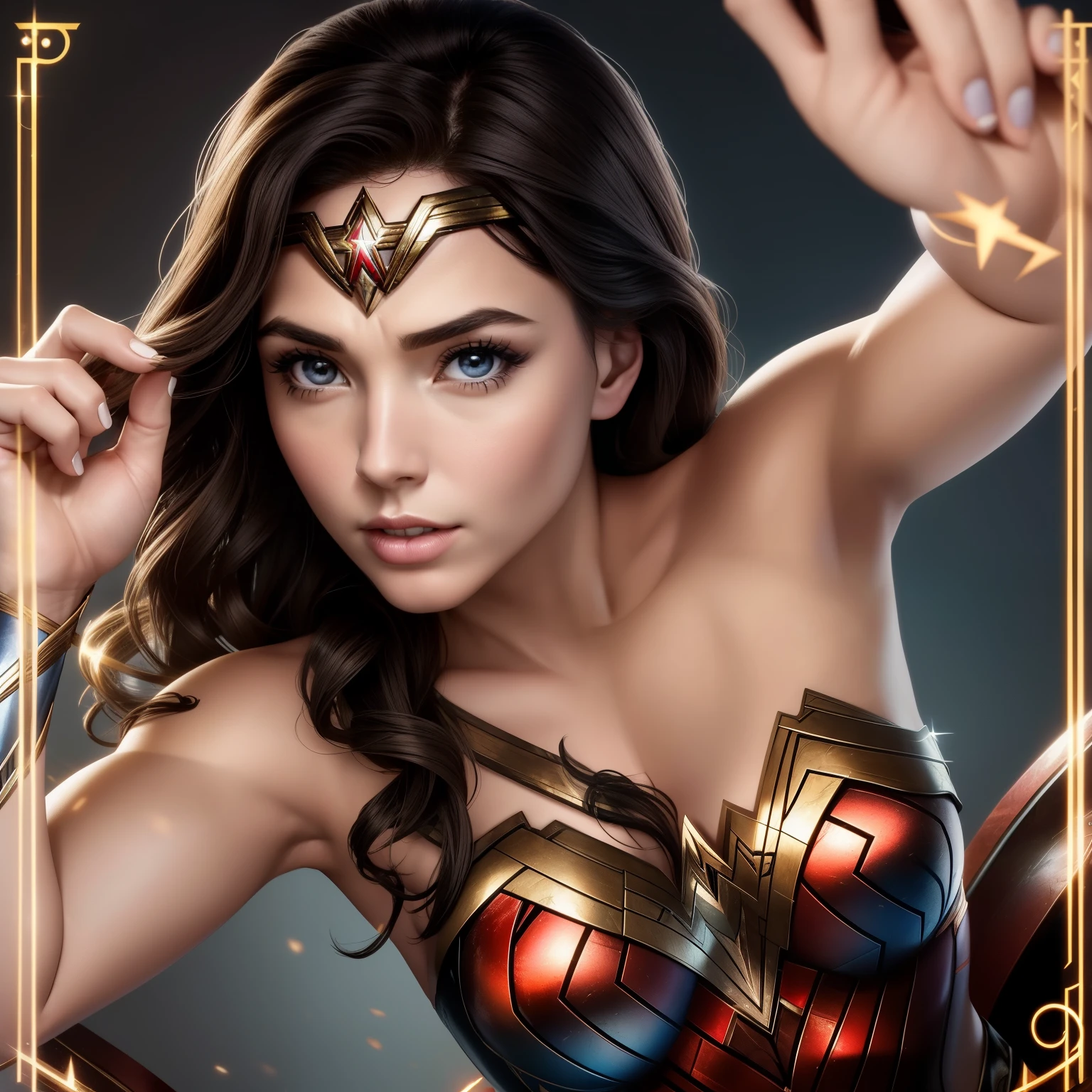 style de séance photo, belle Wonder Woman, CC,  corps parfait, visage parfait, conceptions complexes de distorsion thermique, elegant, curved, very detailed, Sharpness, art d&#39;Artgerm et Greg Rutkowski et Frank Frazetta, chef-d&#39;artwork,ultra realistic,32K,fond d&#39;Extremely detailed Unity 8k CG display, Best quality