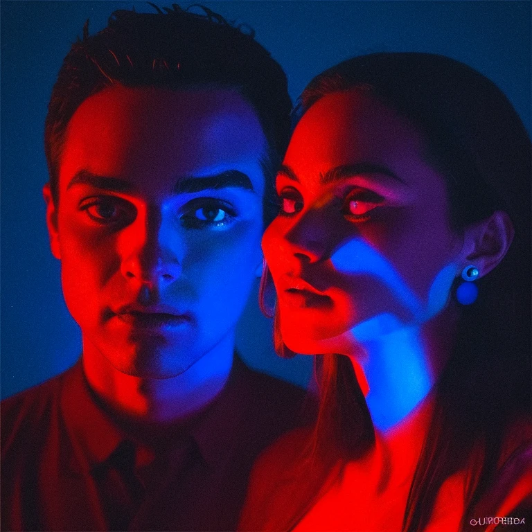 arafed image of a woman with a man's face in the background, an album cover by Giorgio Cavallon, tumblr, digital art, glowing face, blue and red lighting, glowing blue face, red and blue lighting, red and blue back light, blue and red lights, red and blue neon, blue and red tones, light falling on face, face illuminated