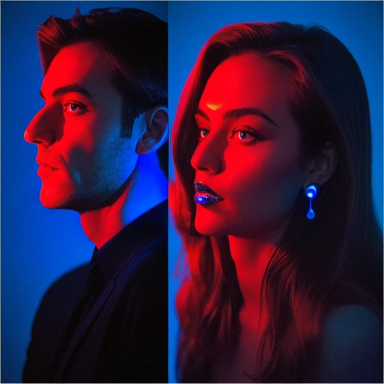 arafed image of a woman with a man's face in the background, an album cover by Giorgio Cavallon, tumblr, digital art, glowing face, blue and red lighting, glowing blue face, red and blue lighting, red and blue back light, blue and red lights, red and blue neon, blue and red tones, light falling on face, face illuminated