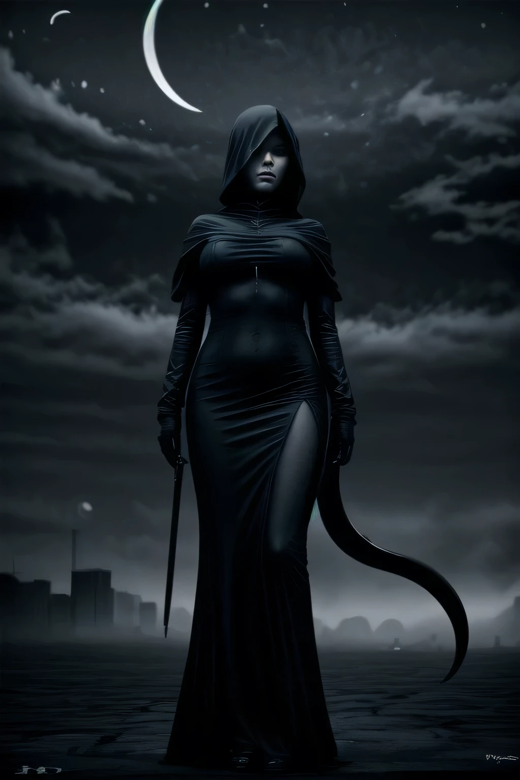 (monochrome, grayscale:1.2), Black Grim Reaper, Late Night cityscape, Huge scythe, (Crescent Moon:1.2), Pale face, fully clothed, giga_busty, standing, full body shot, front view from below, dark cinematic lighting,