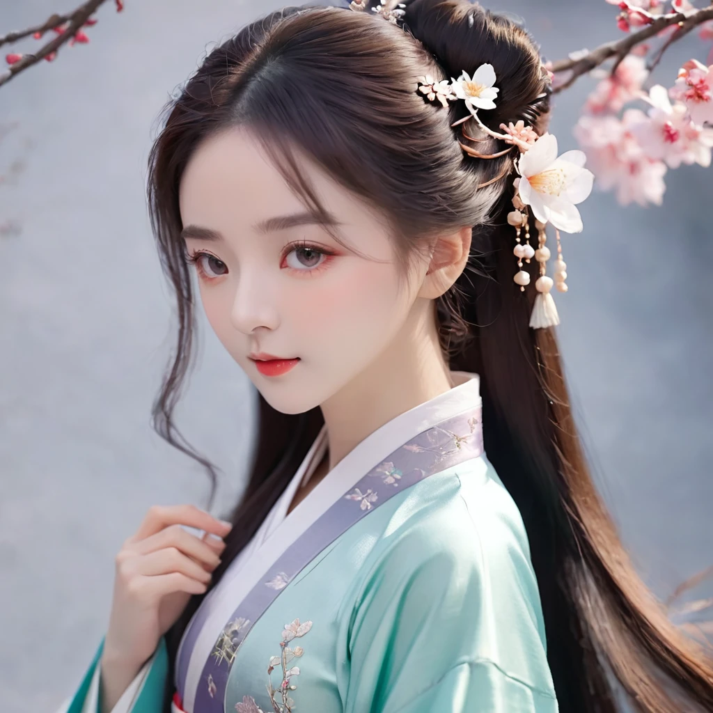 Beauty，New Chinese Hanfu，Beautiful hair accessories，Exquisite facial features，Beautiful face，4K quality，Ultra-clear，Light and Shadow，