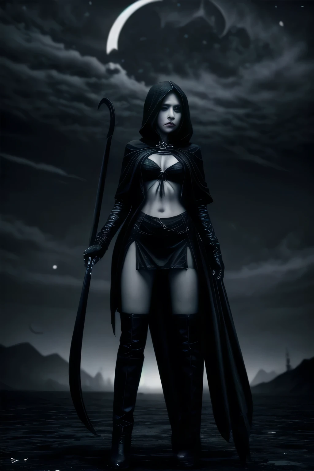 (monochrome, grayscale:1.2), Black Grim Reaper, Late Night cityscape, Huge scythe, (Crescent Moon:1.2), Pale face, fully clothed, giga_busty, standing, full body shot, front view from below, dark cinematic lighting,