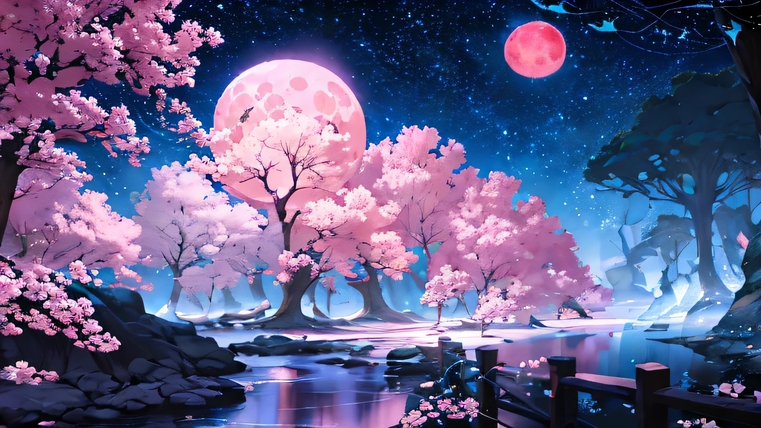 paint (stroke)+, atmosphere, Natural scenery, Aspect ratio 1:1, Ray Tracing, Bokeh, Smooth, (colorful), (Detailed, intricate and busy background: 0.8), fantasy flowers, (night:1.4), Intricate details, beautiful glitters, Flat Illustration, Love for details, (Super detailed), Photon Mapping, ((Intricate details)), (big pink moon)