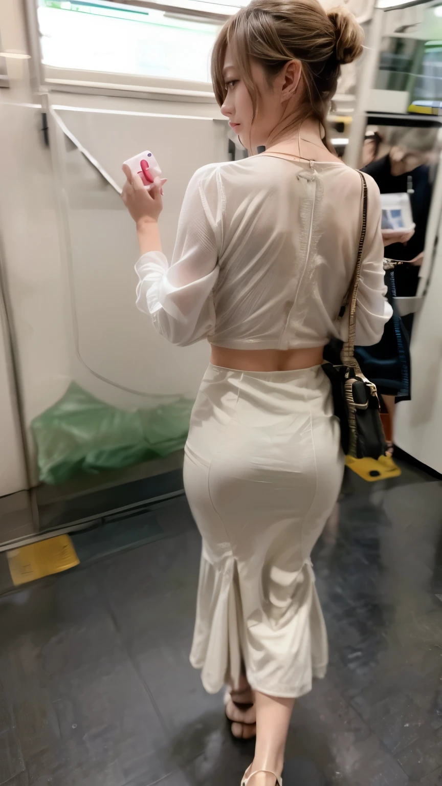 A woman standing on the Yamanote Line:1.3、(Realistic、Like a photograph、Live Action、8k, Photorealistic, RAW Photos, Best image quality: 1.4), Single-lens reflex camera、RAW Photos, highest quality, Realistic, Highly detailed CG Unity 8k wallpaper, Written boundary depth, Cinematic Light, Lens flare, Ray Tracing, Realistic background