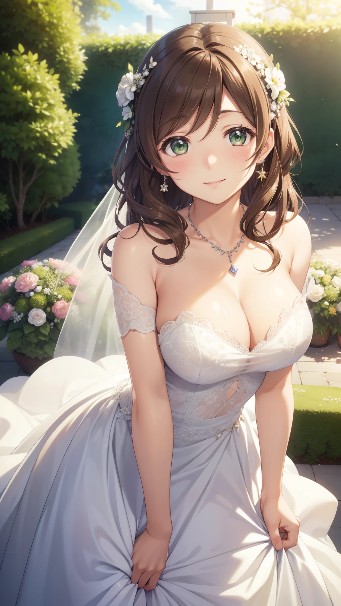 nozomitoujou, nozomi toujou, green eyes, brown hair, curly hair, large breasts, masterpiece, best quality, high resolution, beautiful detailed eyes, extremely detailed face, good lighting, detailed CG, messy hair, garden, light smile, wedding dress, jewelry, earring