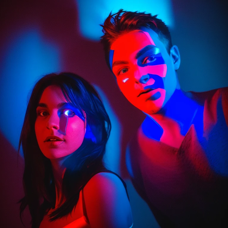 arafed image of a woman with a man's face in the background, glowing face, blue and red lighting, glowing blue face, red and blue lighting, red and blue back light, blue and red lights, red and blue neon, blue and red tones, light falling on face, face illuminated, glowing lens flare wraith girl, official artwork