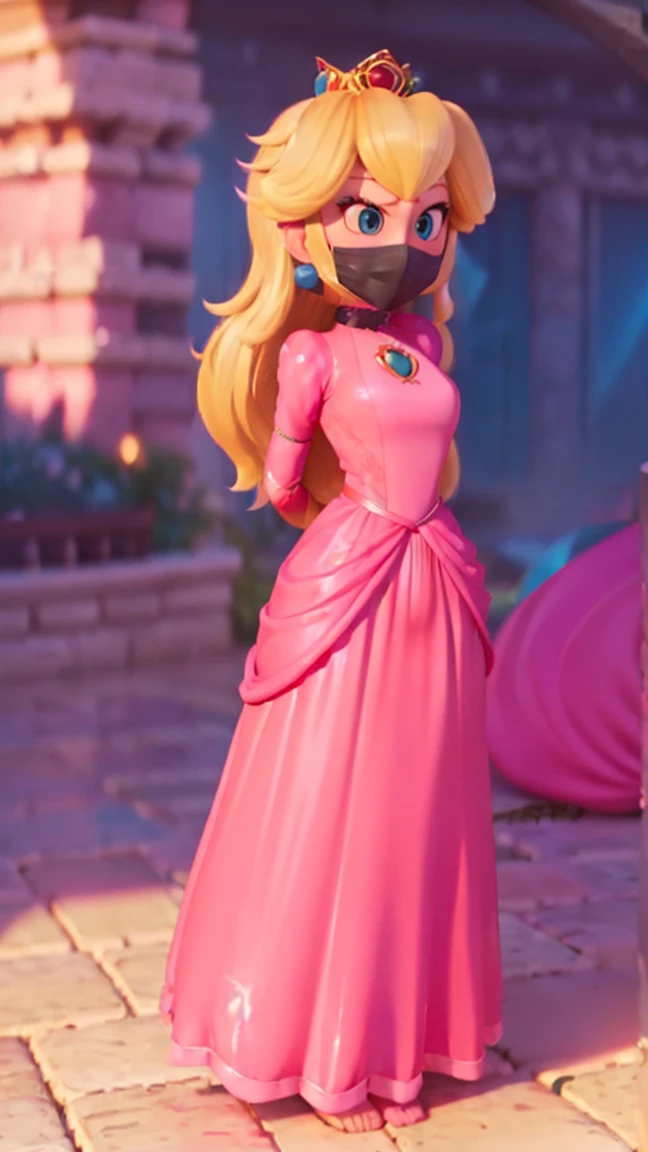 Princess Peach, , ((wearing a long hot pink dress)), huge breasts, upper body, masterpiece,8k, best quality, good hands,good eyes, pixarstyle, 1girl, solo, style,parody,3d,long hair, detail hair, blonde hair, maximum detail, intricate detail, extremely clear, beach, nsfw, smile, shy, blush, embaressed, ((long hair)), (tall girl), (solo, 1 girl), ((shibari, arms behind back : 1.4)) , ( full face otn gag mask), (full body view),((toes to head view)), ((complete body view photo)), ((standing)), Scared, (Skinny), view the viewer, ((shibari, bound arms, arms back behind:1.4)), ((tied in a wood pole)), ((wood pole)), ((tight full face latex mask)), (otn gag), gagged, (tight latex mask), (black mask), day light, ((she wears a black mask with a mouth printed on it))